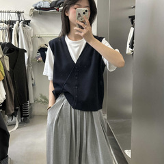 U粒 秋款叠穿假两件马甲女简约拼接V领开衫宽松针织毛衣（配包包