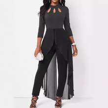 欧美女装连体裤时尚休闲纯色镂空七分袖雪纺紧身小脚裤女士连衣裤