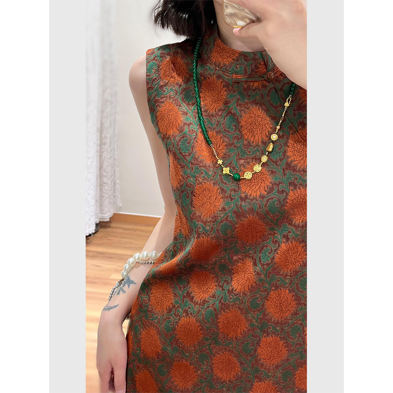 Chinese Style Women's Clothing Chinese Style Orange Jacquard Sleeveless Shirt Mid-Length Summer Oblique Placket Buttoned Tang Suit Vest