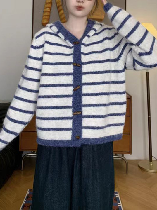 慵懒风条纹连帽针织开衫女韩版2025秋冬新款休闲宽松减龄毛衣外套|undefined