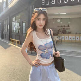 美式甜辣风小兰花无袖上衣女夏季纯欲外穿螺纹吊带防走光工字背心