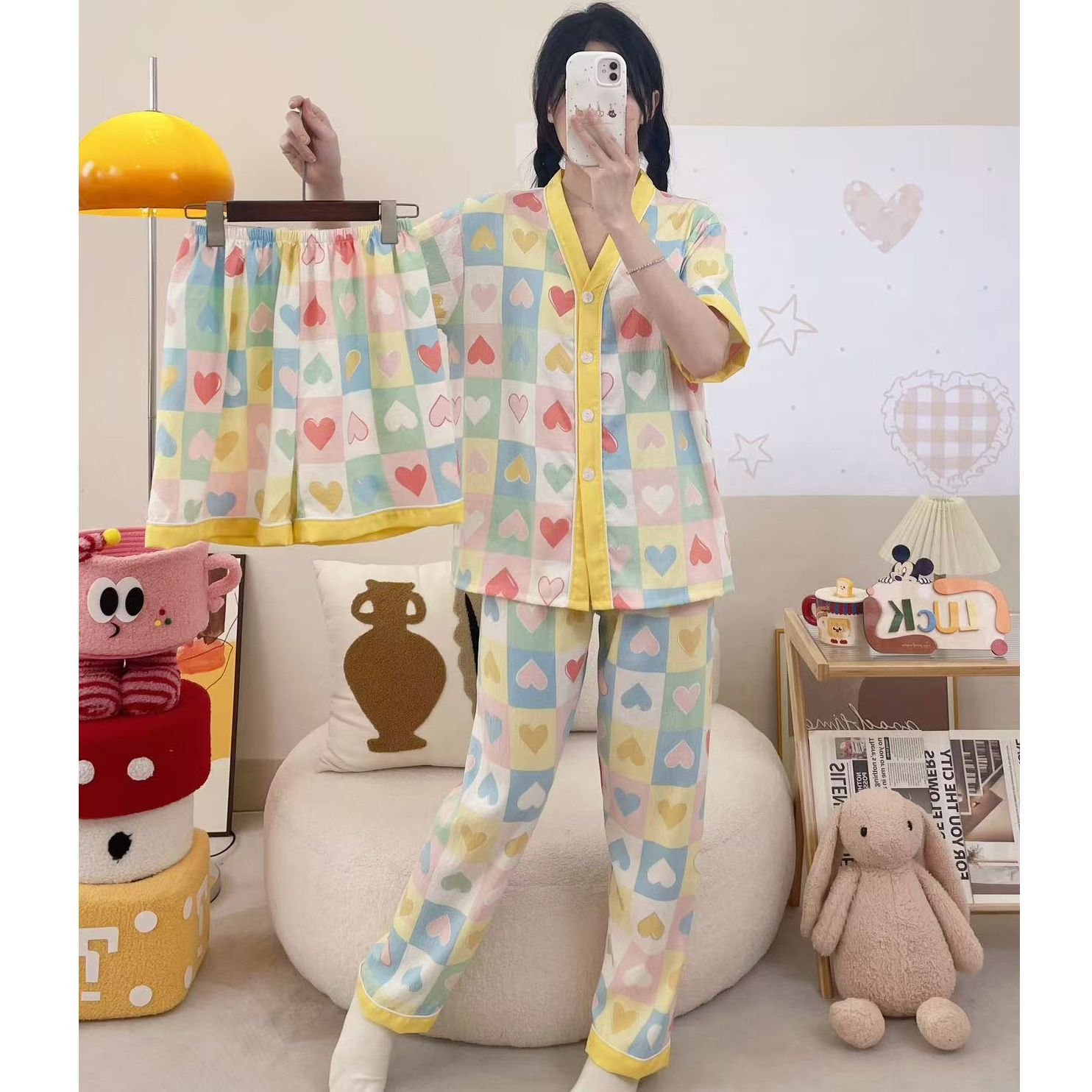 Pijamas de algodón de nube de amor dulce a cuadros de dopamina para mujer verano nuevo estilo pantalones de manga corta ropa a domicilio traje de tres piezas