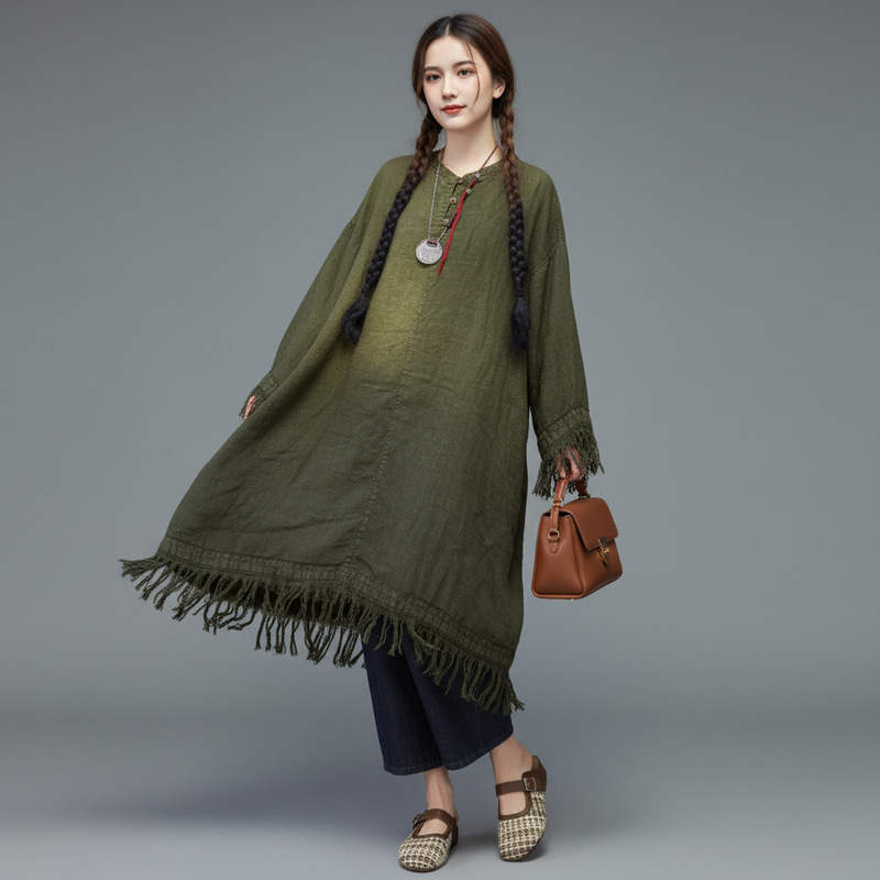2026 Spring New Artistic Linen Mid-Length Dress with a Casual and Lazy Style, Tassel Skirt, Cross-Border Foreign Trade Supply