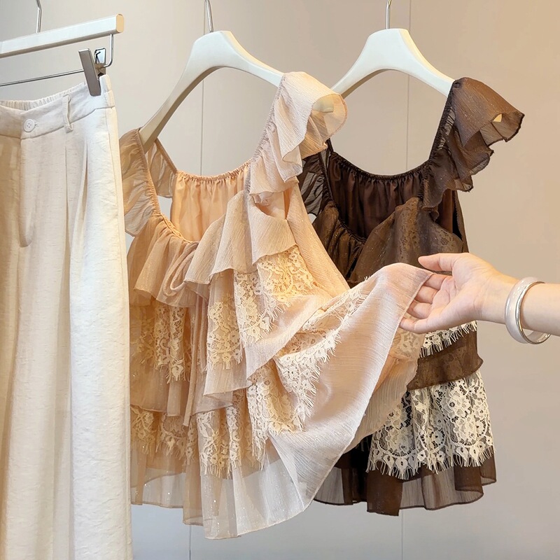 Korean Style Sweet and Youthful Multi-Layered Ruffle Sleeve Blouse for Women, New Summer Fashion Tie-Waist Slimming Dress-Style Top Korean Style Sweet and Youthful Multi-Layered Ruffle Sleeve Blouse for Women, New Summer Fashion Tie-Waist Slimming Dress-Style Top