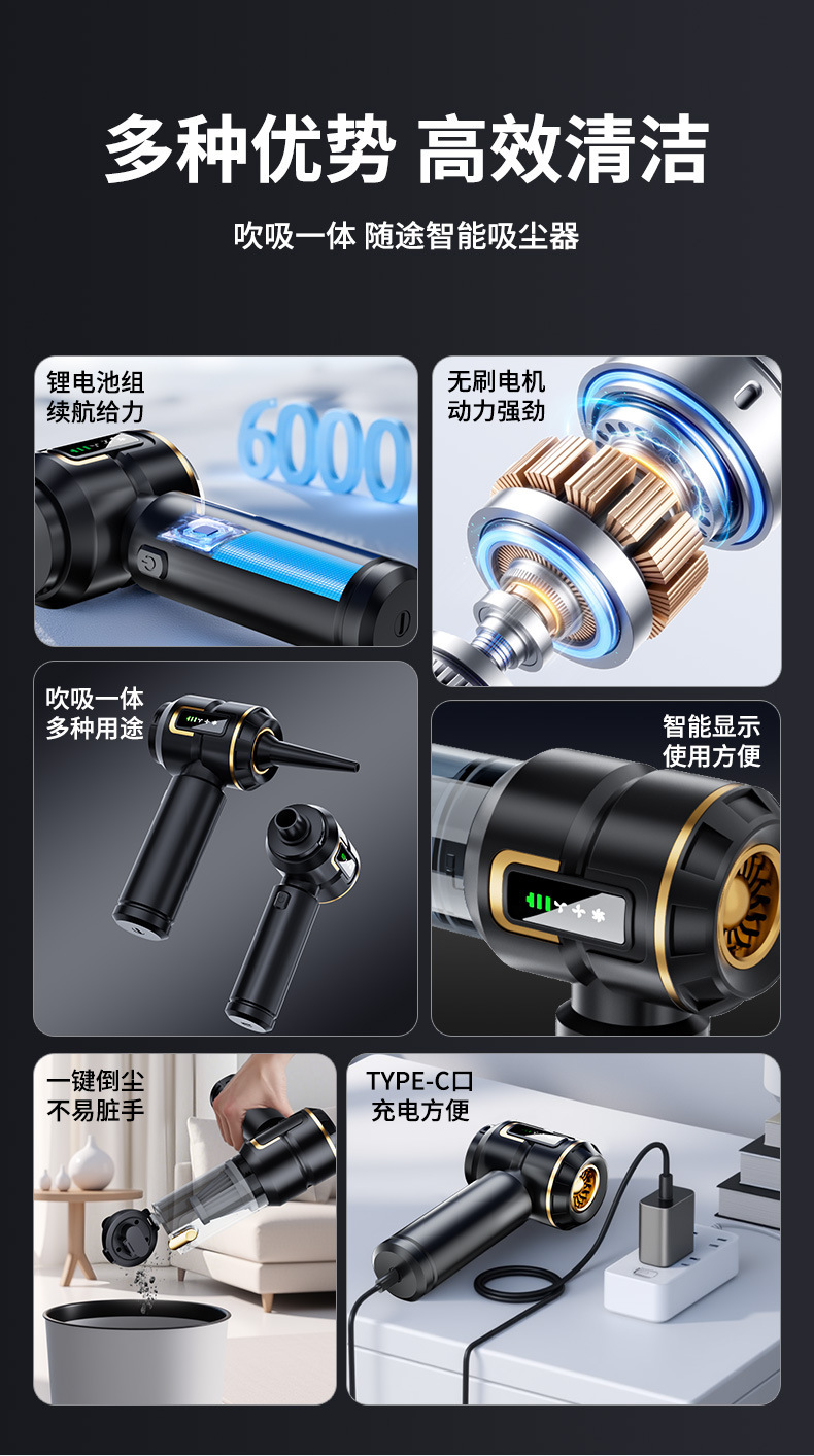 Cross-border best-selling car vacuum cleaner, handheld vacuum and blower combo, rechargeable with display screen, fully automatic vacuum cleaner
