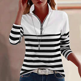欧美跨境外贸POLO领长袖t女装秋衣短袖外穿时尚百搭条纹T恤内搭