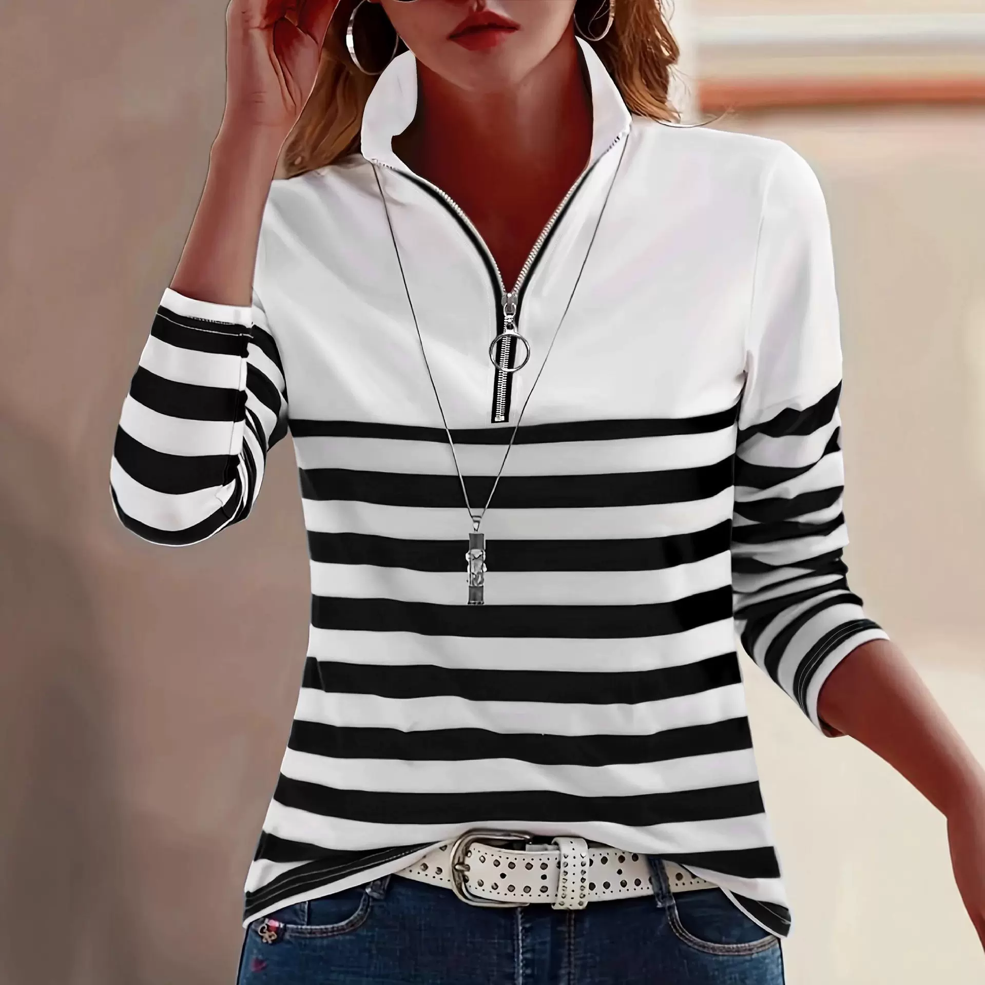 欧美跨境外贸POLO领长袖t女装秋衣短袖外穿时尚百搭条纹T恤内搭