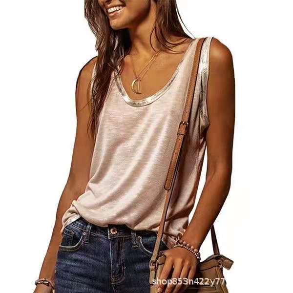 Verano en stock europeo y americano otras fuentes cuello redondo suelto color sólido algodón gris con cuello en V chaleco en forma de I image 8