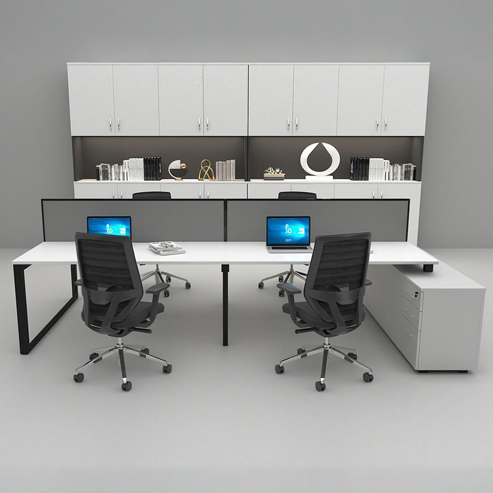 Escritorio del personal con archivador para 4 personas simple pantalla en blanco y negro espacio de tarjeta de personal muebles de oficina de alta calidad