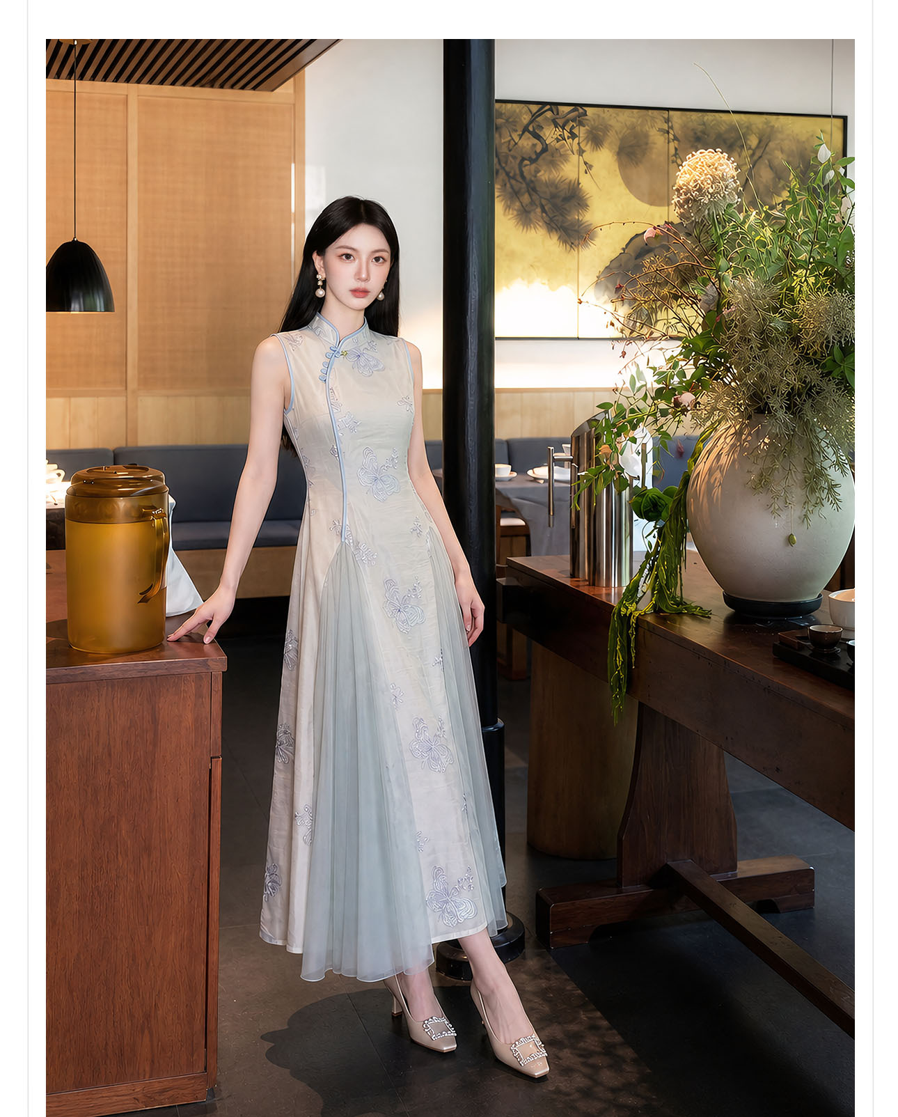 Đầm maxi nữ thắt eo kiểu sườn xám cách tân không tay dáng dài — màu xanh nhạt chi tiết 7