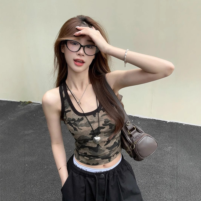 [rayon] American retro u-collar camouflage camisole women's summer wear inside slim hot girl short top
