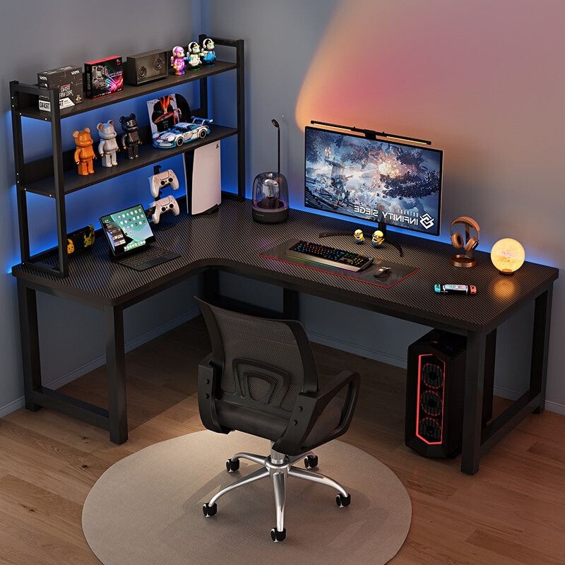 Corner gaming desk, L-shaped desktop, double-person desk with integrated bookshelf, corner office desk, modern and minimalist computer desk Corner gaming desk, L-shaped desktop, double-person desk with integrated bookshelf, corner office desk, modern and minimalist computer desk