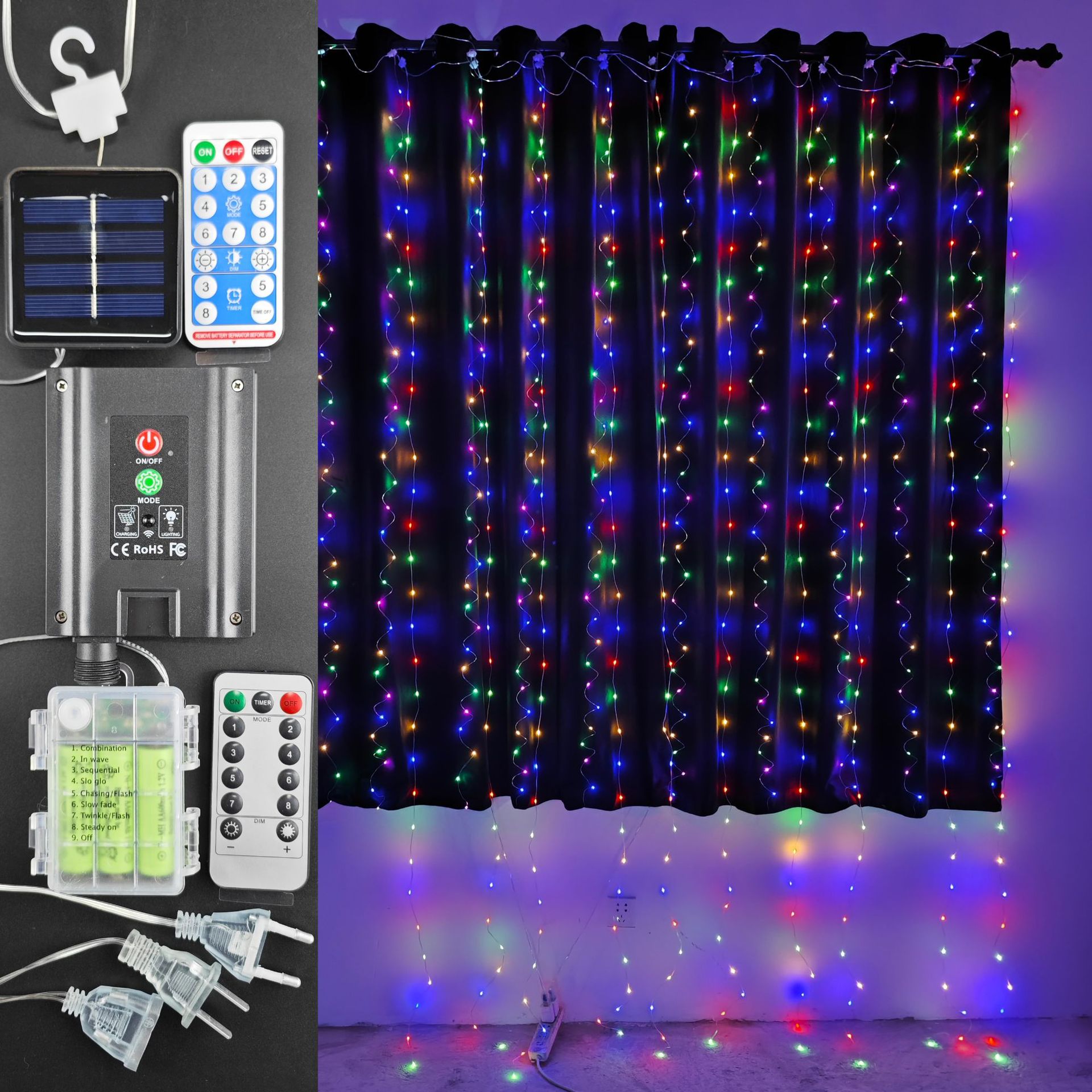 Lámpara de cortina de alambre de cobre LED 3*3 m transfronterizo, lámpara de tira de hielo, lámpara de cortina solar, caja de batería USB, enchufe de control remoto