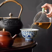 永乐青花压手杯陶瓷手工仿古品茗杯缠枝莲个人专用主人杯高档茶杯