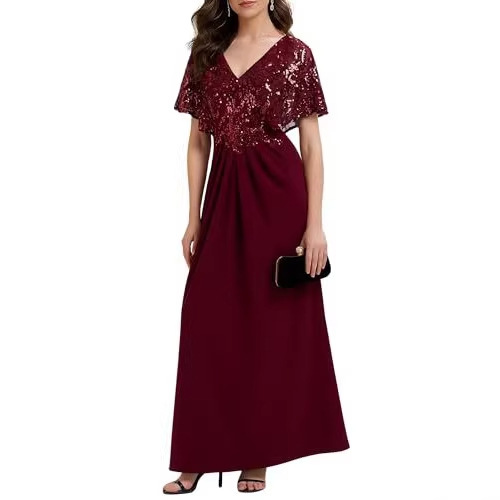 Cross-Border Banquet Elegant and Noble Sequined Formal Women's Dress, Black High-End Short-Sleeve V-Neck Pleated Evening Gown