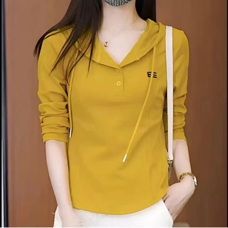 Small Hooded Long-sleeved T-shirt Women's 2025 Spring and Autumn New Fashion Small Shirt Curved Bottom Base Shirt Top Small Hooded Long-sleeved T-shirt Women's 2025 Spring and Autumn New Fashion Small Shirt Curved Bottom Base Shirt Top
