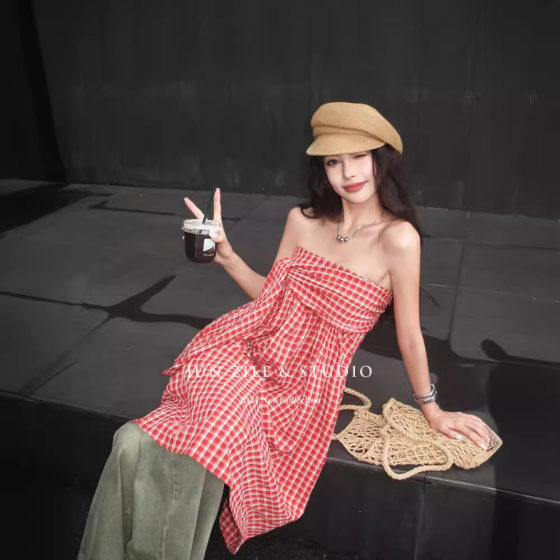 Guangzhou Thirteen Lines dress Women's Fashionable Design Bow Plaid Strap Two-Wear Strapless Skirt