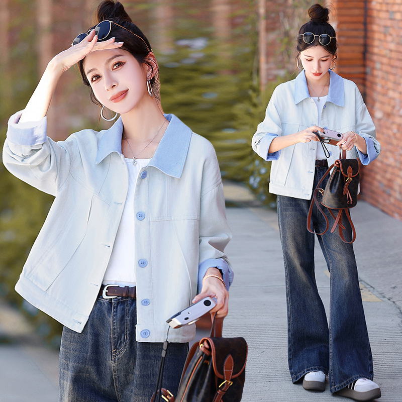 Fresh and Stylish Color-Blocked Loose Denim Jacket for Women, Spring/Summer 2026 New Fashion Short Top in College Style