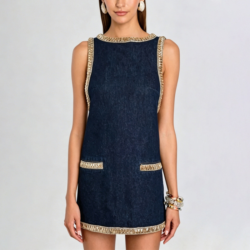 Independent Brand European and American Women's Denim Dress with Rhinestones, Sleeveless Vest, Socialite Style, Heavy Craftsmanship, Fashion 26011