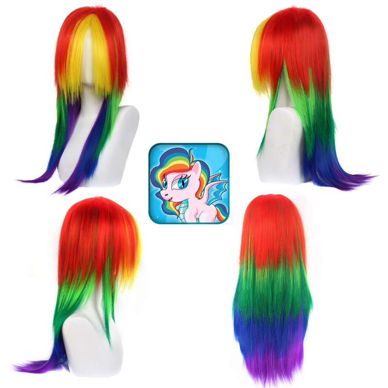 New My Little Pony Rainbow Dash Anthropomorphic Wig Cos Medium Parted Long Straight Gradient Rainbow Cos Colorful Wig