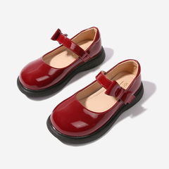 New little princess girl's leather shoes with bow tie, single shoes for little girls, flower child shoes, spring and autumn style, flat shoes for middle and big children