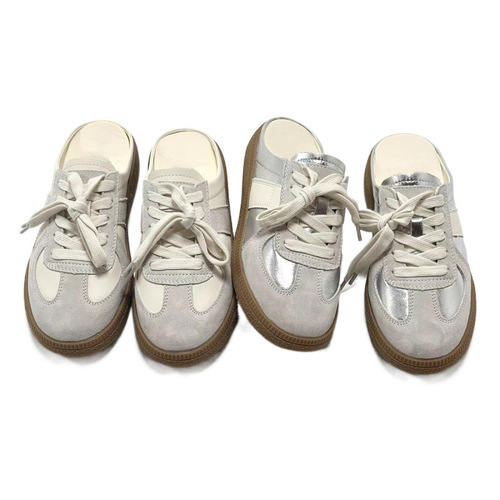 Vintage bow head half slipper women 2024 summer outdoor wear one foot pedal lazy people no heel military training shoes flat bottom sandals 