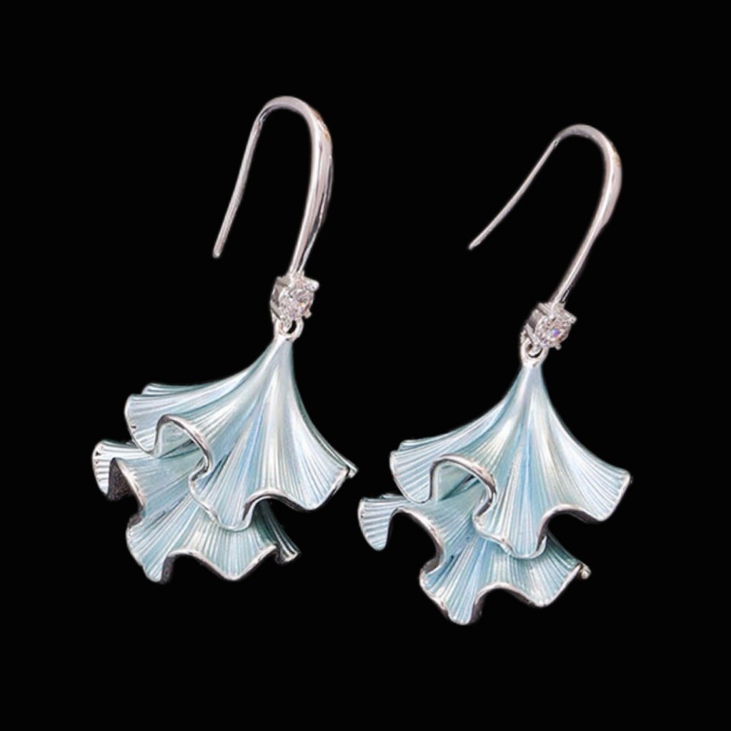 Tassel Blue Pleated Flower Pendant Earrings for Women 2025 New Style Slimming Look Versatile Flower Earrings for Square and Round Faces