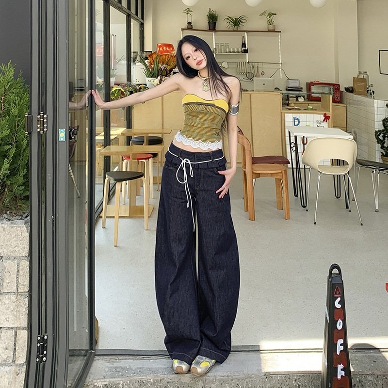 American High Street Design Ruffle Hem Jeans for Women 2025 Summer Spicy Girl Deconstructed Double Waist Versatile Floor-Length Pants