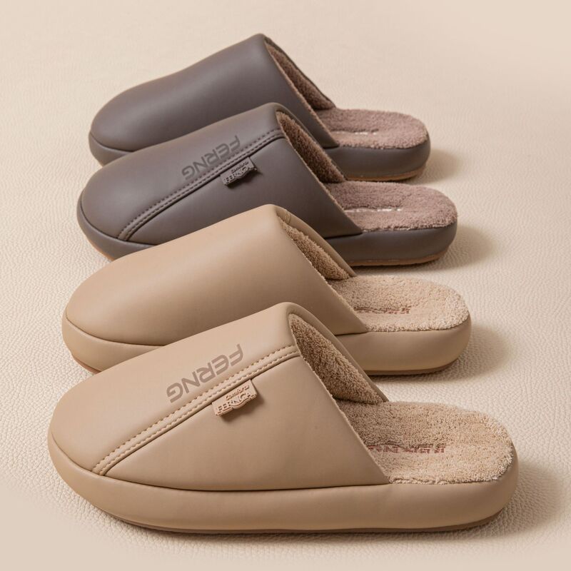 Fengrunjia high-end leather slippers for women, 2025 new autumn/winter indoor warm and non-slip home slippers with plush lining