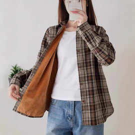 2025年冬季新款格子水晶红色加绒加厚衬衫女士上衣开衫长袖翻领棉