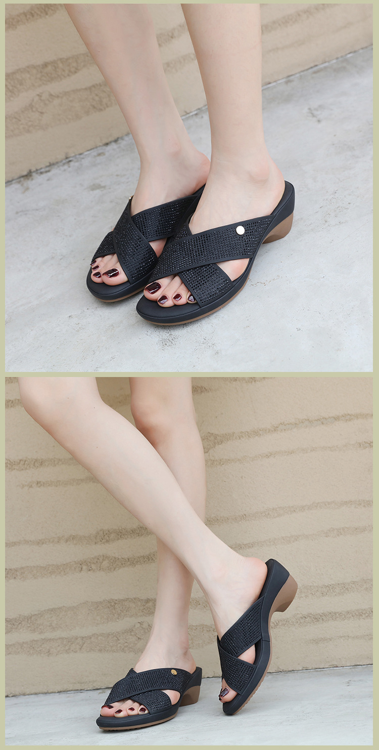 Sandal cao gót nữ hở mũi đính đá gót dốc chống trượt đi làm 2025 — Màu đen, Màu xanh lá, Màu mơ chi tiết 9