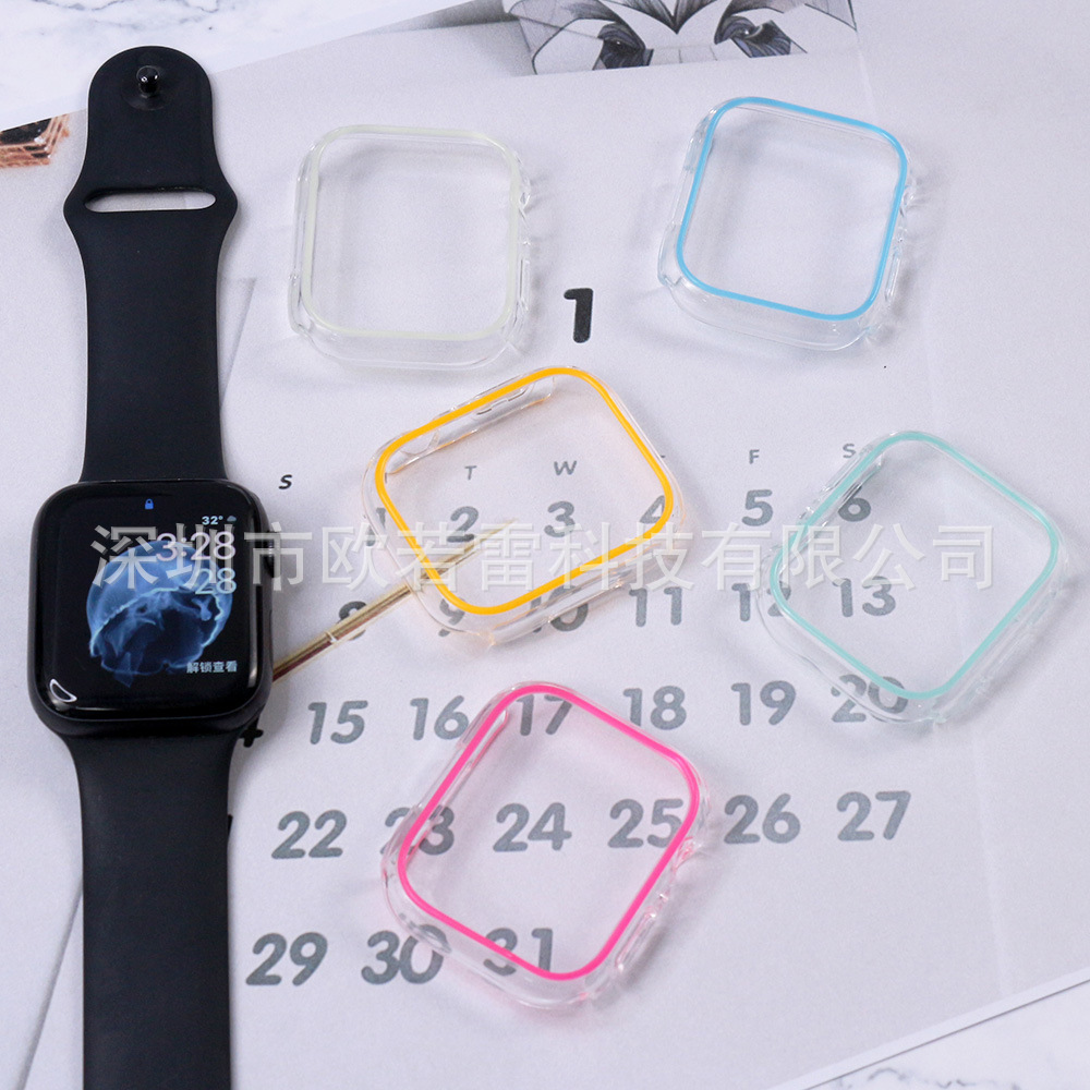 适用于苹果手表PC硬壳透明镂空夜光表壳iwatch7654代半包撞色单框