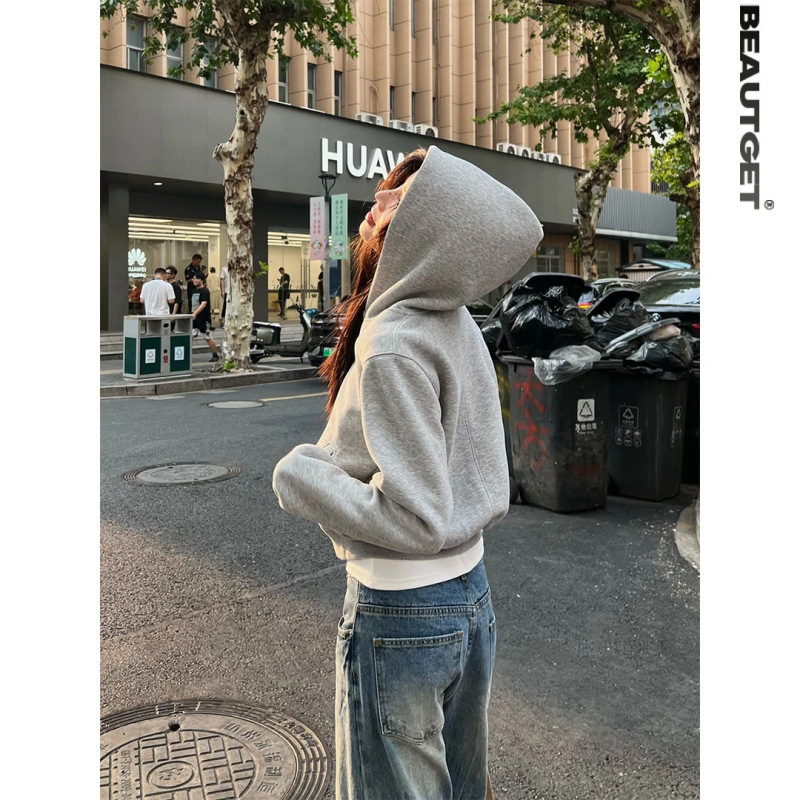 山东即墨嫚彩迪品牌美式街头短款双头拉链开衫连帽卫衣女潮流帽衫|undefined