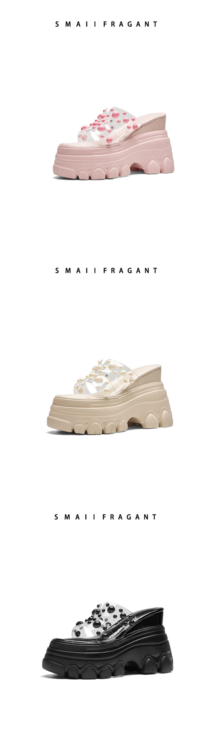 Dép sandal cao gót nữ đế trong suốt gót 12 cm quai ngang đính ngọc trai — màu đen, màu hồng, màu trắng ngà chi tiết 10