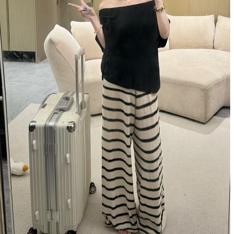 夏冰丝镂空拖地裤条纹针织宽松阔腿裤垂感懒人休闲裤一套女装全套|undefined