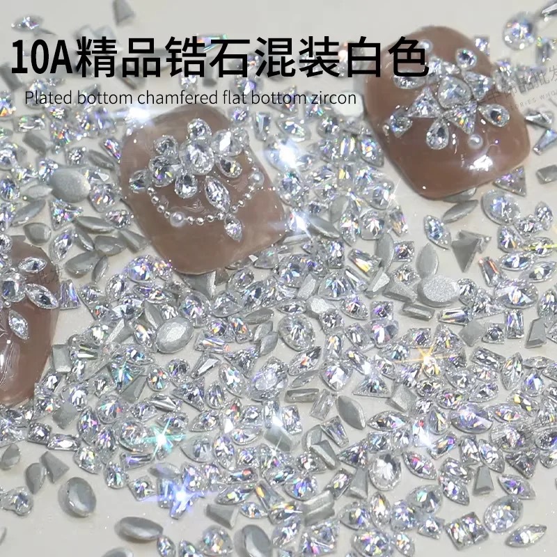 5A Zircon Nail Art Rhinestones, White Mini Flat-Back Zircon Rhinestones, Long Strip Marquise Heart-Shaped Zircon Nail Art Decorations