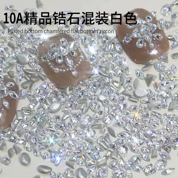 5A Zircon Nail Art Rhinestones, White Mini Flat-Back Zircon Rhinestones, Long Strip Marquise Heart-Shaped Zircon Nail Art Decorations