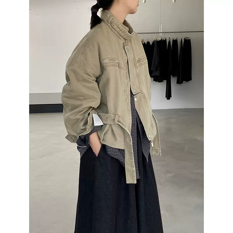 江左秋季复古设计美式工装风短款机车夹克牛仔外套女宽松上衣6327