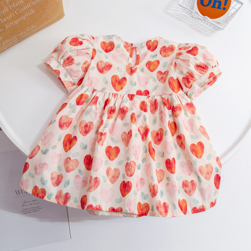 Girls Korean style cute peach color love dress  summer dress puff sleeves floral internet celebrity princess dress