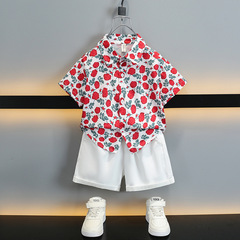 男童夏裝套裝短袖花襯衫2024新款寶寶夏季痞帥衣服洋氣小兒童裝