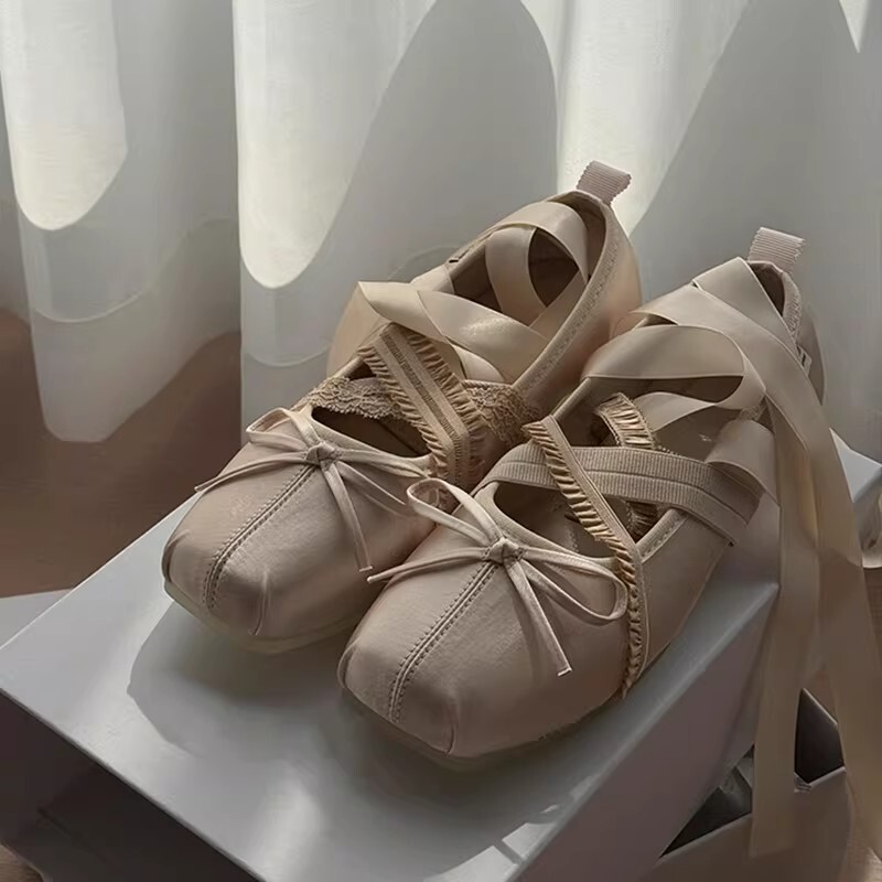 [Sheepskin Version] Genuine Leather Sweet-Style Mary Jane Shoes for Women with Straps and Bowknots, Shallow Mouth Flats, Flat Ballet Shoes