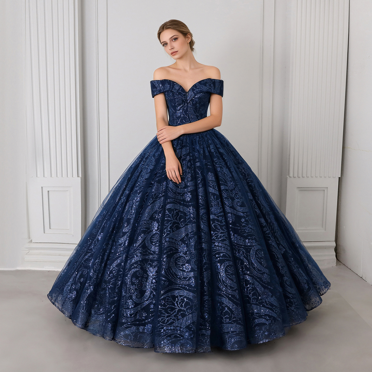 Amazon Cross-Border Supply European and American Navy Blue Sequin Heavy-Duty One-Shoulder Tutu Skirt Banquet Evening Dress Prom Skirt