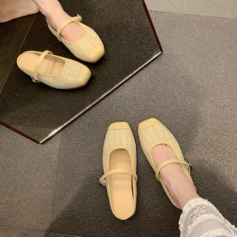 La madre de la uva aumenta 5cm en verano ~ Sandalias de cabeza cuadrada retro tejido de paja estilo vacacional perezoso medio arrastrando mujer verano