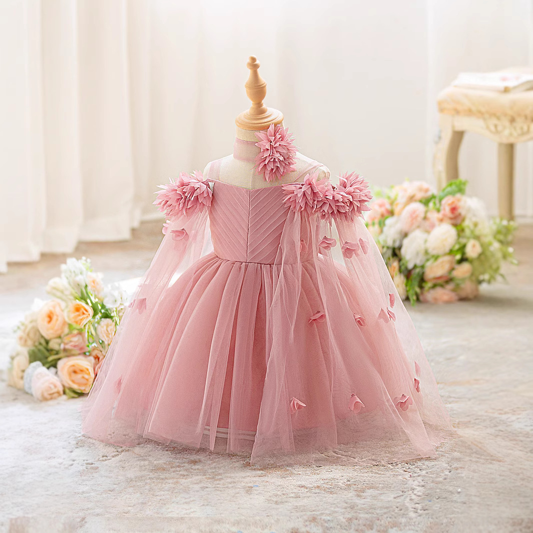 Vestido para niños, vestido de princesa, falda de tutú de malla, vestido de fiesta de niña de flores de tela forjada, vestido de lavado de un año para bebés