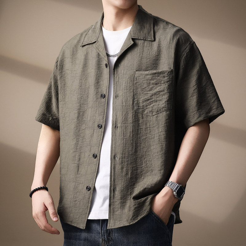 High-End Lyocell Tencel Jacquard Cuban Collar Shirt Men's Summer Thin Trendy High-End Men's Short-Sleeved Shirt