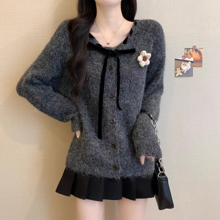Dongdaemun's New French Style Small Fragrant Style Knitted Cardigan with Bow Tie for Women's Autumn and Winter Atmosphere Sweater