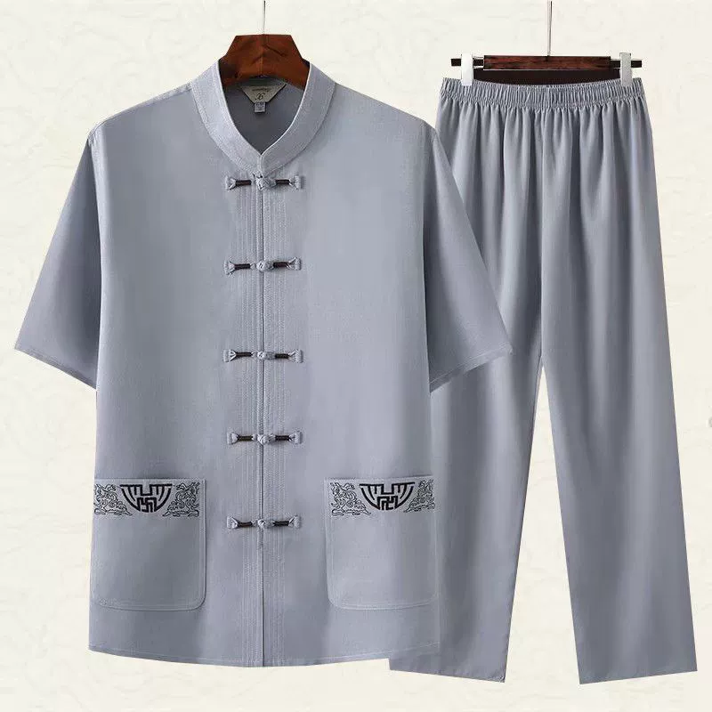 Костюм Тан, мужской повседневный костюм из ледяного шелка среднего и пожилого возраста с короткими рукавами, мужская одежда в китайском стиле для пожилых людей, папа, лето династии Хань