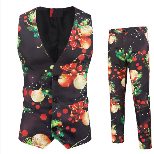 Foreign Trade Men's New Casual Three-Piece Suit Men's Christmas and Halloween Notched Lapel Printed Suit Set
