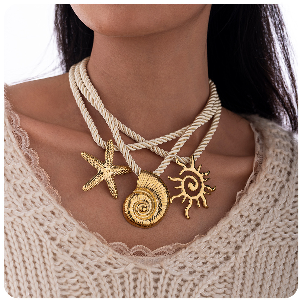 304 Stainless Steel Material Sun, Starfish, Conch Pattern Women's Gender Vacation, Marine Style Style Ion Plating (IP) 18K Gold Real Gold Plated Sun Starfish Conch 304 Stainless Steel Vacation Marine Style Waterproof Non Tarnish 304 Stainless Steel Lobster Trigger Clasp Closure Pendant Necklace