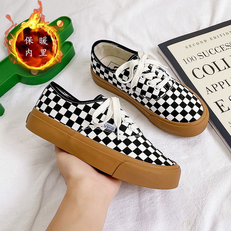 棉鞋黑白棋盘格帆布鞋女2021新款韩版平底休闲格子鞋子女代发批发|ms
